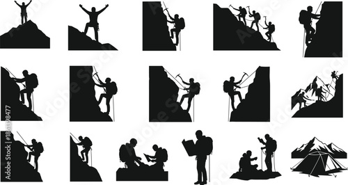Black silhouettes of mountain climbers and hikers in various poses on rocks isolated on white background for adventure travel designs.