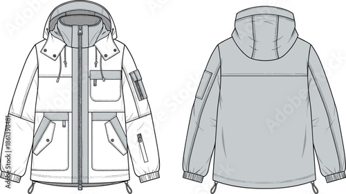 Hooded jacket front back sketch, multi-pocket design, technical fashion illustration, zip closure template, flat vector garment drawing