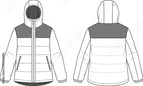 Hooded puffer jacket front back view, technical fashion sketch, color-block design, quilted outerwear template, flat vector garment illustration