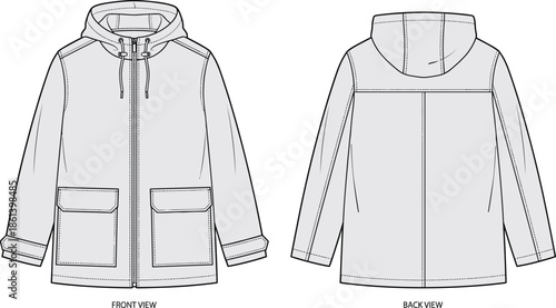 Hooded jacket technical sketch, front back view, flap pockets zip closure, seam detail illustration, flat vector garment drawing