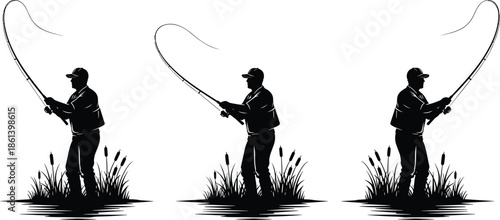 Set of black fisherman silhouettes casting fishing rods near reeds isolated on white background for outdoor hobby and sport design