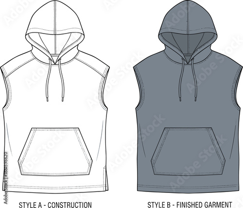 Sleeveless hoodie sketch comparison, construction blueprint and finished garment, kangaroo pocket design, technical fashion illustration, flat vector drawing