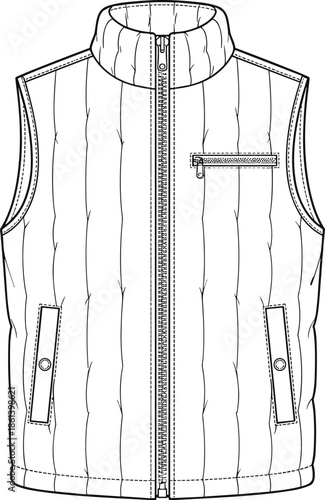 Sleeveless quilted vest sketch, high padded collar zip design, flap and zip pockets, technical fashion illustration, flat vector drawing
