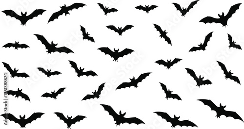 Set of black flying bat silhouettes for Halloween decoration and spooky party design elements isolated on white background vector illustration
