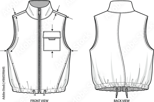Sleeveless vest sketch, high collar zip design, flap pocket drawstring hem, technical fashion illustration, flat vector garment drawing