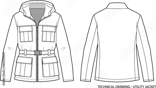 Utility jacket technical sketch, hooded zip design, flap pockets belted waist, fashion illustration, flat vector garment drawing template