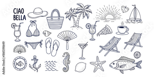 Summer beach icon set, vacation doodles, seaside food drink symbols, tropical travel illustration, flat vector design, hand-drawn elements