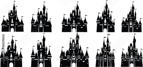 Set of black magic castle silhouettes with tall towers and flags isolated on white background for fairy tale design elements