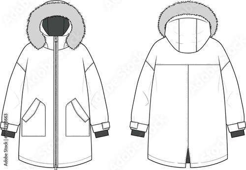 Winter parka jacket front back view, technical fashion sketch, hooded coat illustration, garment design template, flat vector drawing
