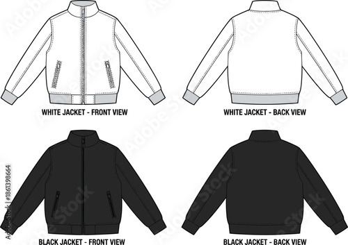 White black jacket sketch set, front back views, zip closure design, technical fashion illustration, flat vector garment drawing