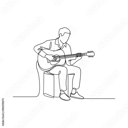 A continuous line drawing of a man playing an acoustic guitar while seated