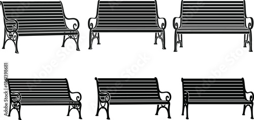Set of black park bench silhouettes with wooden slats and ornate metal legs isolated on white background for outdoor furniture design