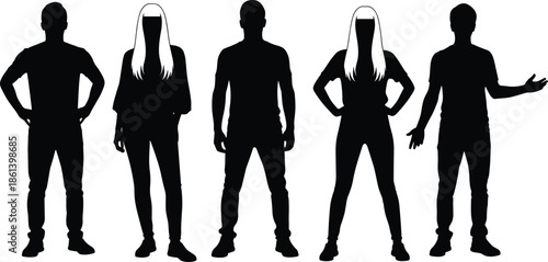 Set of diverse people silhouettes in casual clothing standing in different poses isolated on white background for lifestyle and business