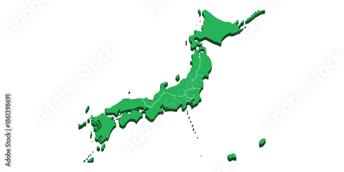 3D map of Japan islands, regional divisions, geographic layout, prefecture borders, green terrain illustration, flat vector country graphic