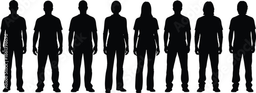 Set of eight black silhouettes of diverse men and women standing in a row isolated on a plain white background.