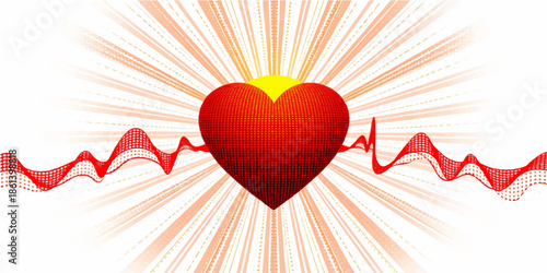 A vibrant red heart with an ECG heartbeat pulse line represents a medical health symbol and romantic life concept in this vector illustration design for Valentine's Day