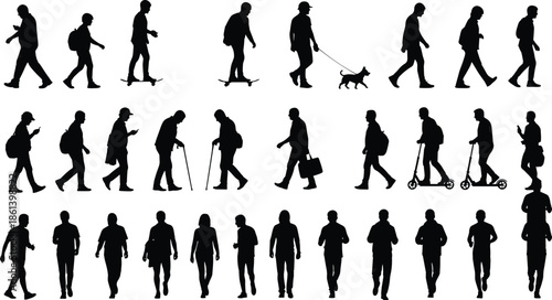 Silhouettes of diverse people walking, skateboarding, riding scooters, walking dog, and using mobile phones for urban lifestyle and community movement