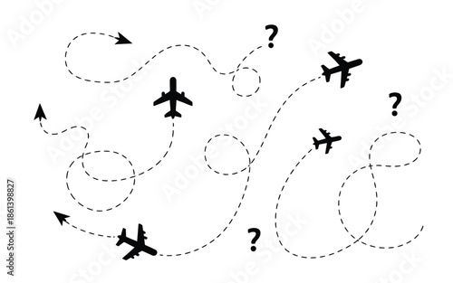 Flight Route Uncertainty Concept Vector Illustration with Airplane Paths and Question Marks