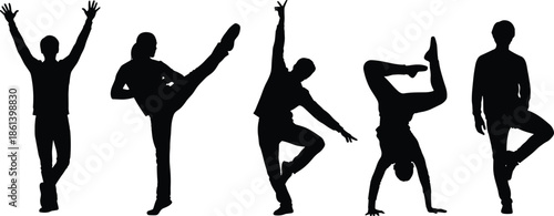 Silhouettes of active people dancing and exercising including a handstand and high kick for fitness and health and modern lifestyle