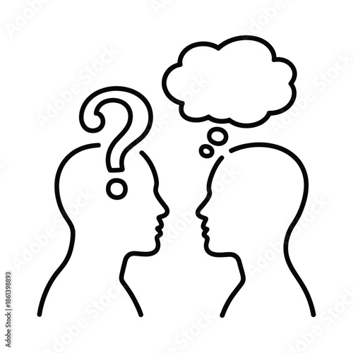 Two faces in profile with thought and question mark bubbles above their heads