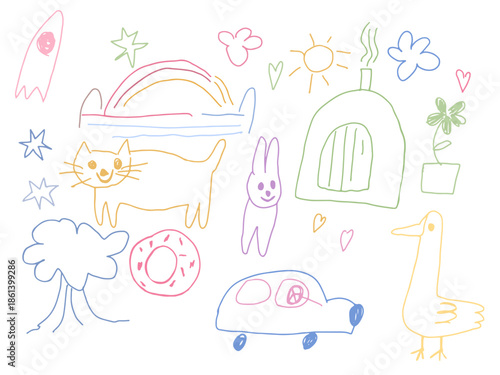 Kids doodle drawings set. Hand-drawn pencil sketches, scribbles. Hand drawn vector illustration.