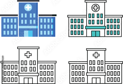 Hospital building icon set featuring flat color and minimalist outline illustrations of medical clinic facades and healthcare facilities