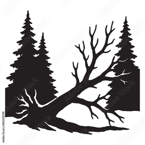 Fallen Tree Silhouette Amidst Pine Forest Landscape - A Symbol of Nature's Power and Resilience