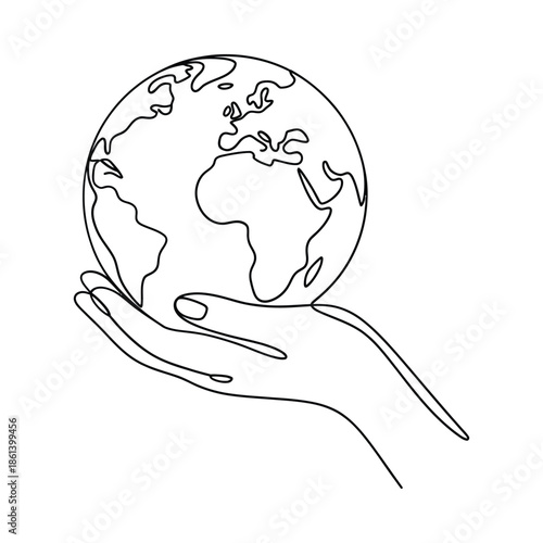 A delicate hand gently cradles a minimalist earth globe drawing