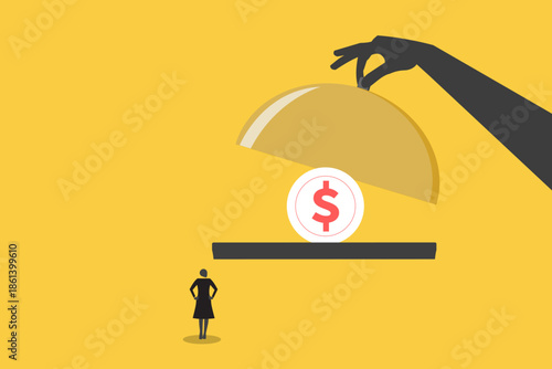 Hand Serving Stack Of Dollar coin Bills On Platter To A Business woman