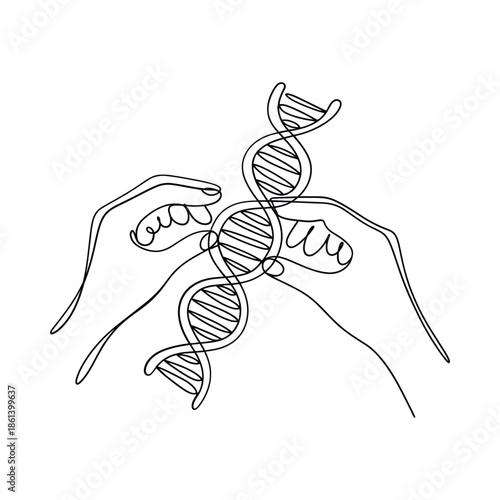Hands gently cradling a dna double helix in continuous line drawing style