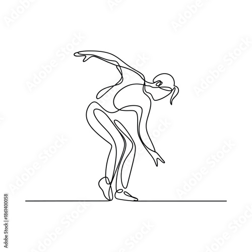 A minimalist continuous line drawing of a woman in a dynamic stretching pose