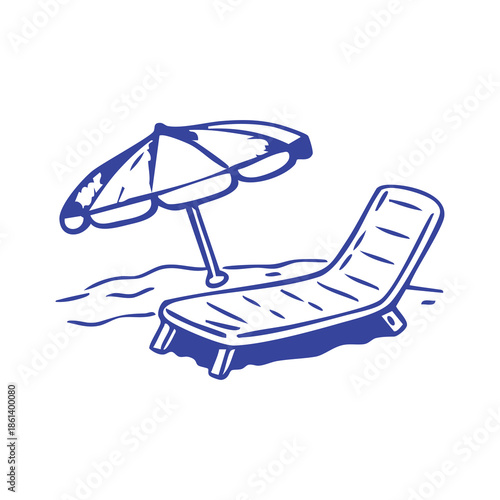 A blue illustration shows a beach chair and umbrella set on a simplistic sandy surface