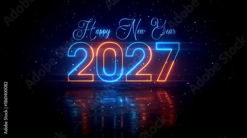 Animated neon Happy New Year 2027 typography appears through a smooth text reveal, glowing blue and orange lights rotating above a reflective dark floor with falling snow, designed as a seamless loop.