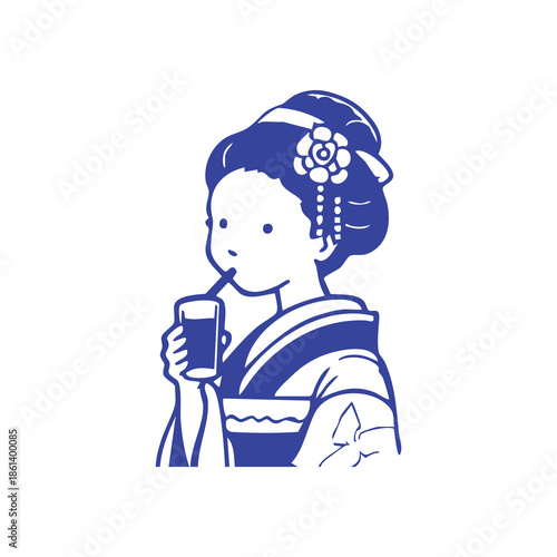 A blue-toned illustration of a geisha holding a drink, with details, on a white background