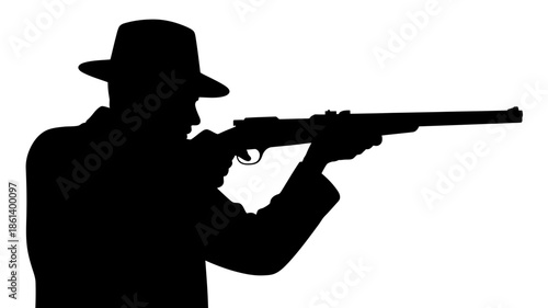 Mysterious silhouette of a man in a hat aiming a rifle with focused intensity