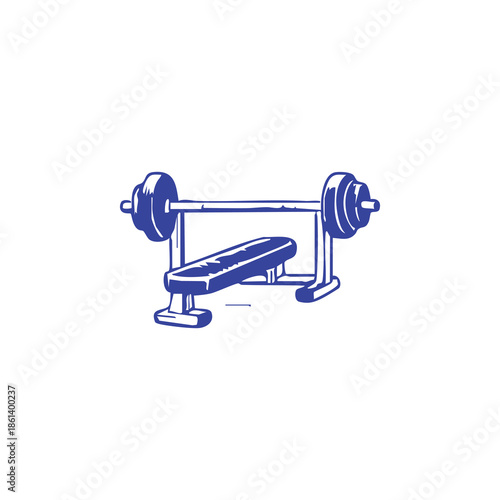 A blue line drawing of weightlifting equipment, a bench with a barbell