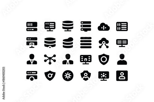 A collection of black server data and security related icons displayed