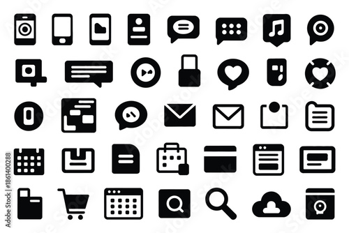 Collection of diverse black and white digital icons representing app functions