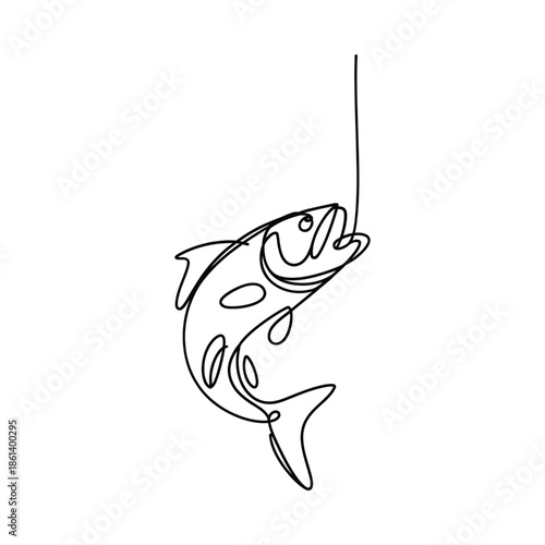 A minimalist line drawing of a fish caught on a fishing line