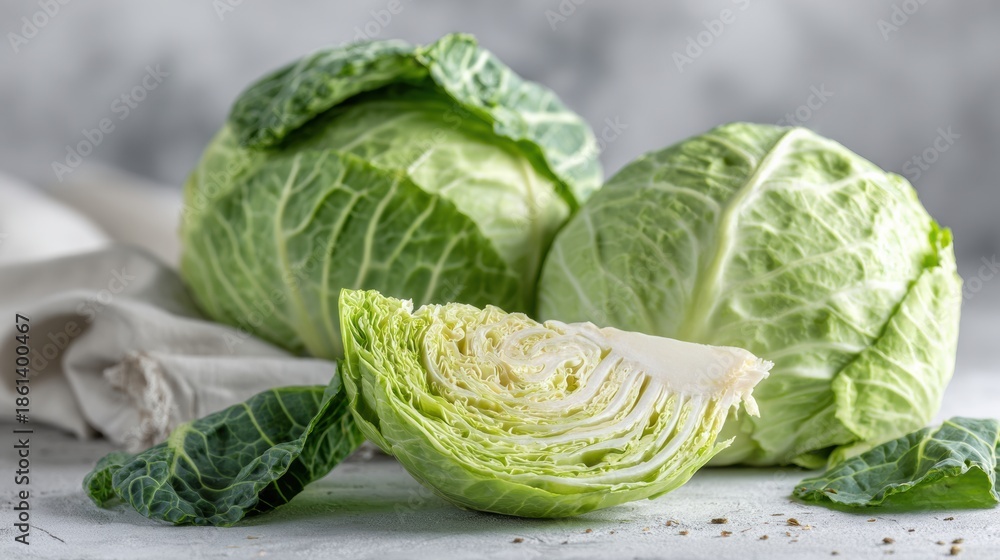 Fototapeta premium Fresh Cabbage and Simple Ingredients Arranged in a Modern Flat Lay With Clean Styling and Natural Shadows
