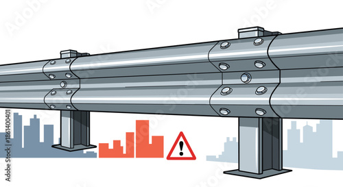 Metal highway guardrail stands before a city skyline silhouette with a red warning sign and bar chart in a modern industrial illustration.