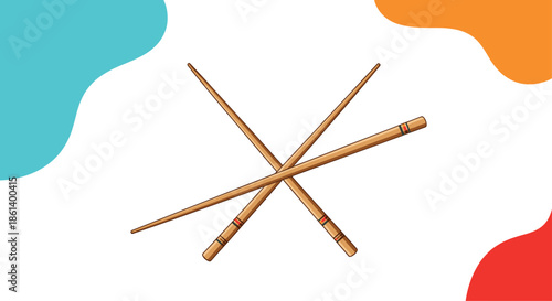 Pair of wooden chopsticks are crossed against an artistic background of colorful abstract shapes in this simple yet elegant dining graphic.
