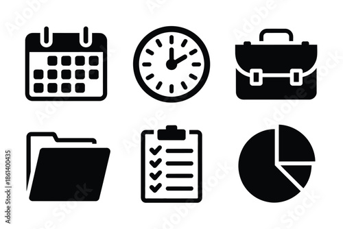Business icons including calendar clock briefcase and data analysis symbols