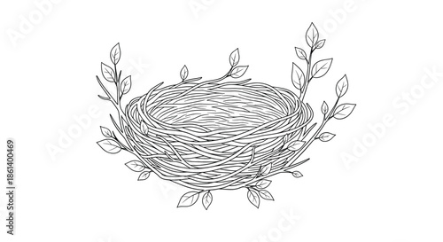 Intricately sketched bird nest made of twigs and surrounded by leafy branches is presented in a detailed black and white nature illustration.