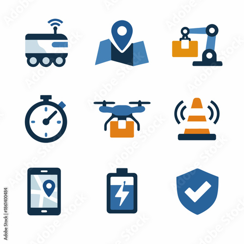 Innovative technology icons: robotics, drones, gps, robots, automation, battery, security