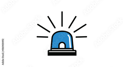 Emergency flashing blue siren light with radiating motion lines is illustrated in a simple and bold graphic style on a white background.