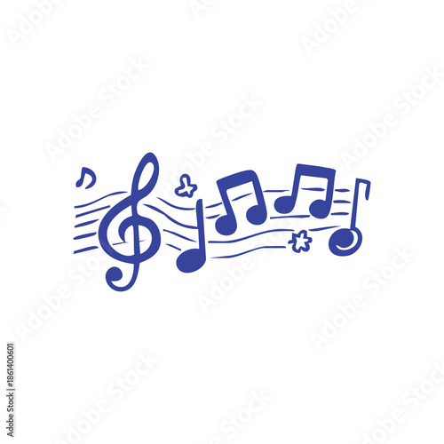 Blue musical notes and symbols on a white background, creating a whimsical melody