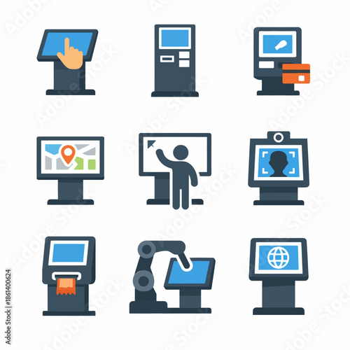Interactive kiosk icons: touchscreen, navigation, robot automation, security, digital interface