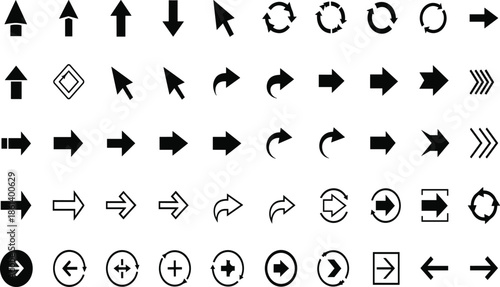 Large arrow icon set featuring black silhouettes and outlines of directional pointers cursors and refresh symbols for UI