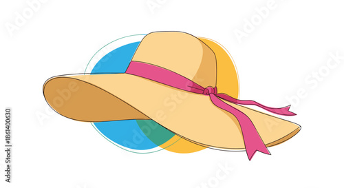 Wide brimmed straw sun hat with a bright pink ribbon and bow is shown against a colorful circular background in a cheerful summer graphic.